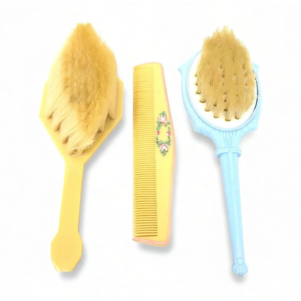 Celluloid Vanity Set 3pc Grooming Kit Rose Floral Motif Mid-Century Nursery